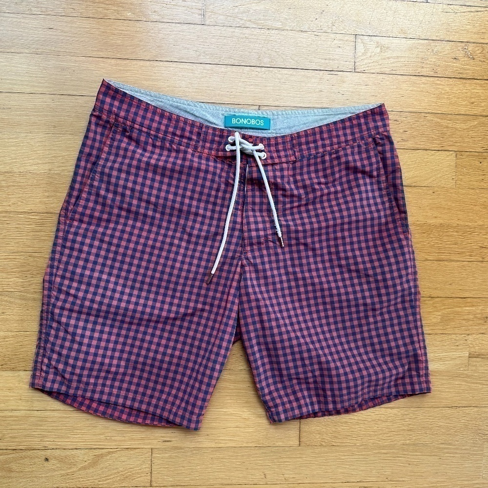 Bonobos Men's Size M? Swim Trunks 7-Inch Red Blue Plaid
